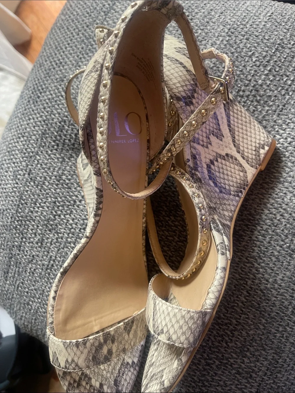 Jennifer Lopez Snake-Print Studded Ankle Strap Wedges - Beige